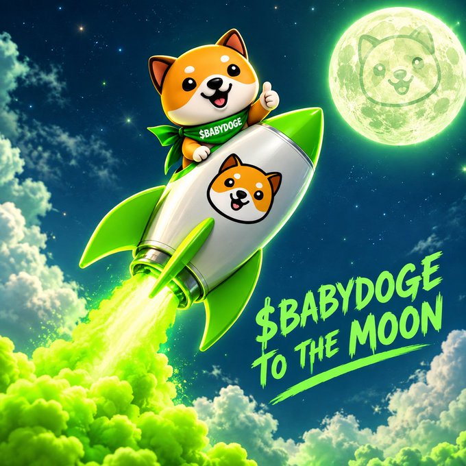 An animated illustration features a Shiba Inu dog wearing a green scarf labeled '$BABYDOGE' riding a green and white rocket toward a moon bearing the same dog's face, with text reading '$BABYDOGE TO THE MOON'.