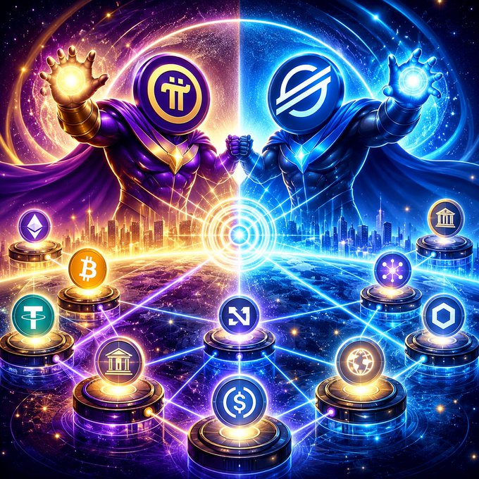 Two masked, caped figures—one emblazoned with the Pi (π) logo and radiating golden-orange energy, the other bearing the Stellar (XLM) logo amid blue cosmic swirls—clasp hands at the center of a glowing portal, while nodes below represent interconnected cryptocurrencies including Bitcoin (BTC), Tether (USDT), Ethereum, XRP, USDC, and others, visually echoing the post's theme that true crypto convergence stems from shared protocol-level architecture (settlement, compliance, identity) rather than surface-level partnerships.