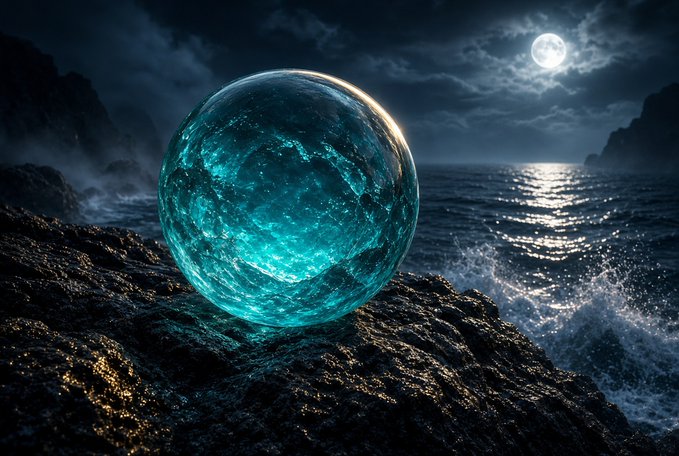 A fantasy-style image featuring a glowing translucent blue crystal orb resting on a rocky shoreline at night, with moonlight reflecting on the ocean waves.