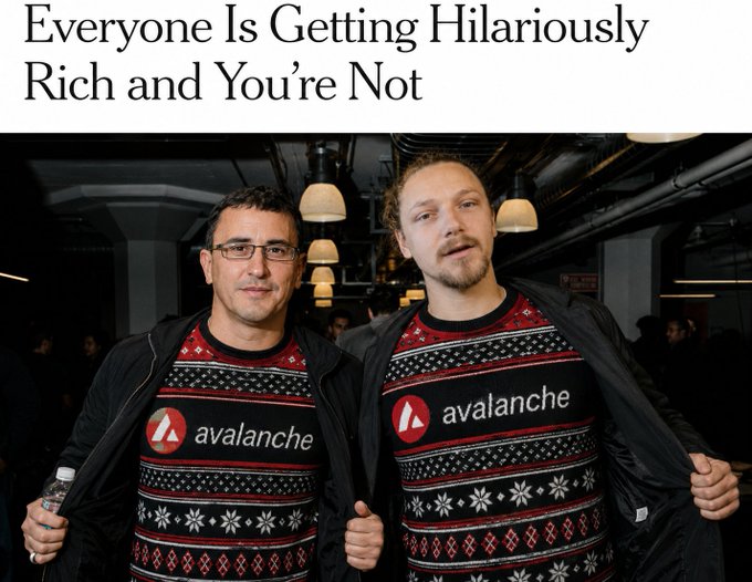 Article titled 'Everyone Is Getting Hilariously Rich and You're Not' featuring two men wearing matching Avalanche-branded holiday sweaters.