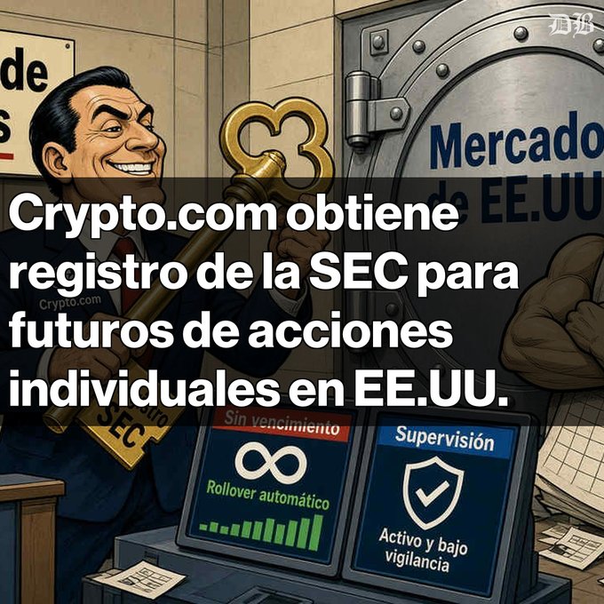 A cartoon illustration showing a man holding a large gold key in front of a vault labeled 'Mercado EE.UU', with Spanish text reading 'Crypto.com obtiene registro de la SEC para futuros de acciones individuales en EE.UU.' and screens displaying 'Rollover automático' and 'Supervisión Activo y bajo vigilancia'.