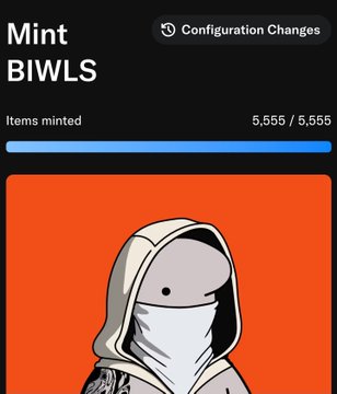 The image shows a fully minted NFT collection titled "Mint BIWLS" with all 5,555 items claimed, featuring a hooded character illustration on an orange background. A "Configuration Changes" notification appears at the top, fitting the meme's "Rug of the day vs Cook of the day" theme by highlighting the contrast between a successful mint completion and the project abandonment.