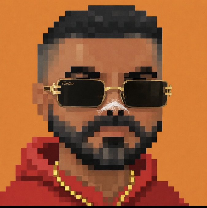 A pixel art style portrait of a bearded man wearing Cartier sunglasses and a gold chain necklace, with a white substance on his nose, set against an orange background.