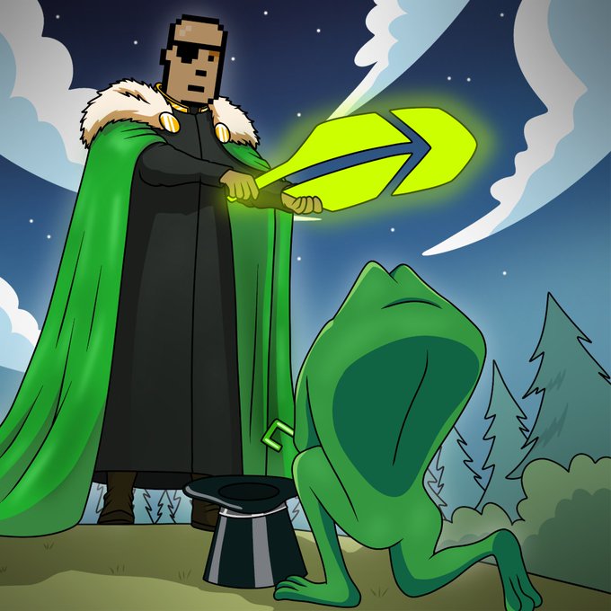 A cartoon illustration depicting a Minecraft-style character in a green cape holding a glowing yellow sword over a kneeling green frog at night.