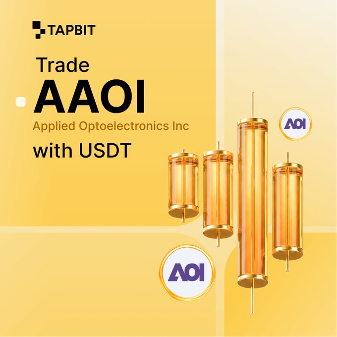 A golden-yellow promotional graphic from Tapbit advertising crypto trading of AAOI (Applied Optoelectronics Inc) with USDT, featuring the text "Trade AAOI Applied Optoelectronics Inc with USDT" alongside stylized golden cylindrical optical components and circular AAOI logos. The design visually reflects the post's focus on AAOI's role as a provider of optical components and connectivity solutions for AI data centers and cloud networks.