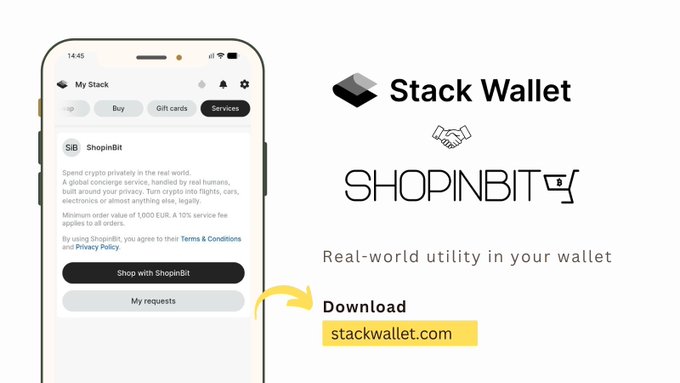 A promotional advertisement for Stack Wallet and ShopinBit showing a smartphone displaying the ShopinBit service interface with text 'Spend crypto privately in the real world,' alongside the Stack Wallet logo and 'Real-world utility in your wallet' with a download link to stackwallet.com.