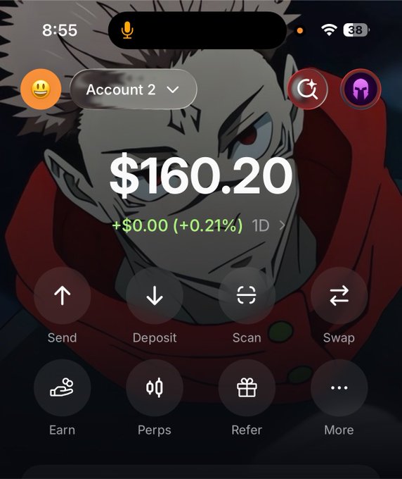A cryptocurrency wallet screenshot displaying a balance of $160.20 (+$0.00, +0.21%) in "Account 2," set against an anime background, supporting the caption's claim of unexpectedly importing a wallet with $160 despite being at a portfolio all-time low.