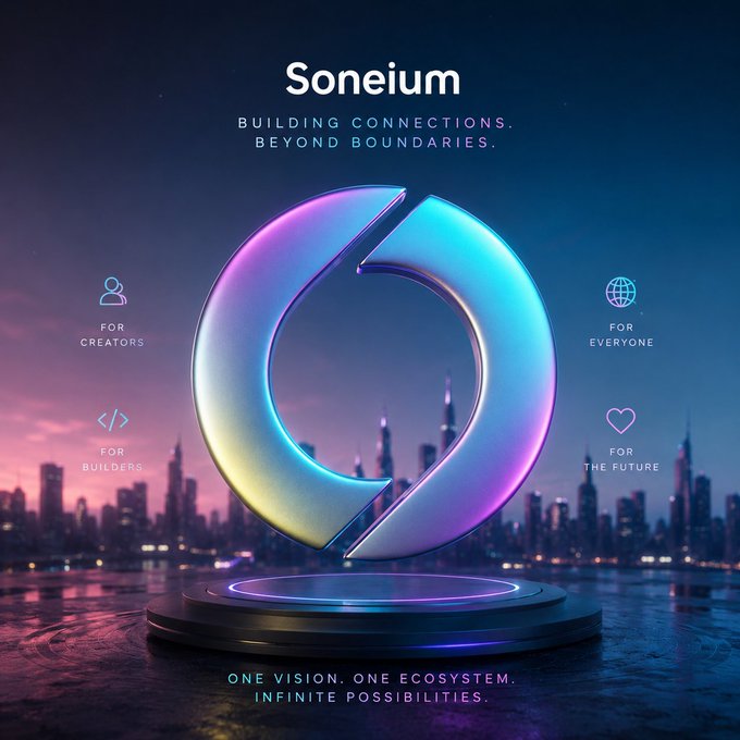 A promotional graphic for Soneium blockchain with the tagline 'Building Connections. Beyond Boundaries.' and 'One Vision. One Ecosystem. Infinite Possibilities,' featuring a glowing blue and purple logo over a city skyline.