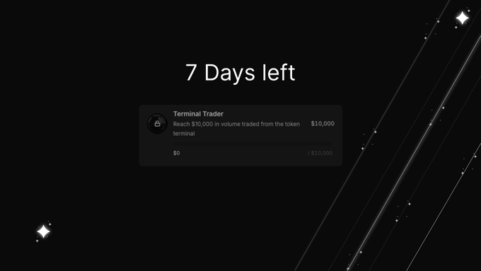 The image displays a "7 Days left" countdown for a "Terminal Trader" challenge, requiring users to reach $10,000 in volume traded from the token terminal, with a progress bar showing $0 of $10,000 completed, reinforcing the post's call to action to earn the trading terminal badge within the final week.