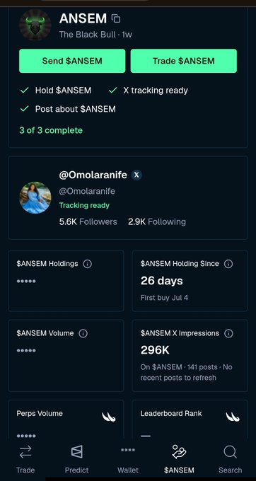 A mobile screenshot of the $ANSEM token dashboard showing the account "@Omolaranife" with "Tracking ready" status, 5.6K followers, $ANSEM holdings held for 26 days, 296K X impressions, and all 3 required tasks (Hold $ANSEM, X tracking ready, Post about $ANSEM) marked complete—visually reinforcing the post's claim of growing conviction in the ecosystem's milestones.