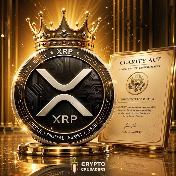 A crowned XRP coin is displayed alongside a document titled "CLARITY ACT – A NEW ERA FOR DIGITAL ASSETS – UNITED STATES OF AMERICA," symbolizing Ripple's potential triumph as U.S. regulatory clarity approaches for digital assets. The imagery visually reinforces the post's bullish message that XRP is on the verge of making history with imminent legislative recognition.