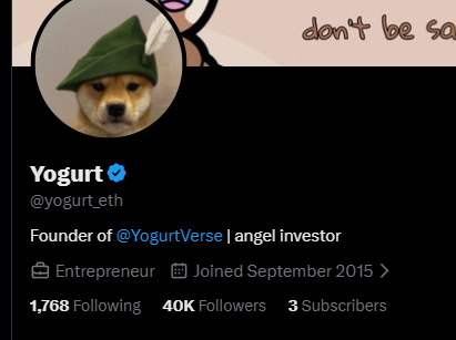 The image shows a Twitter profile for "Yogurt" (@yogurt_eth), a verified account describing themselves as the Founder of @YogurtVerse and angel investor, with 40K followers shown—matching the caption's celebration of reaching the 40K follower milestone. The profile features a Shiba Inu dog wearing a green Robin Hood-style hat, fitting the playful crypto/internet culture tone of the post about not yet being valuable enough to phish.