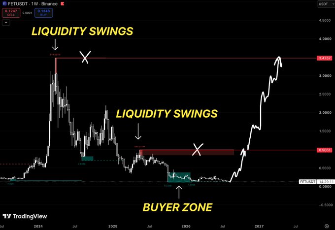 A weekly FETUSDT chart on Binance illustrating 'LIQUIDITY SWINGS' above and below key levels (3.4747 and 0.9654), with a 'BUYER ZONE' identified at the bottom around 0.2250.
