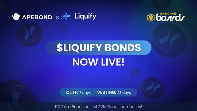 An advertisement for 'APEBOND x Liquify' announcing '$LIQUIFY BONDS NOW LIVE!' with 'CLIFF: 7 days' and 'VESTING: 23 days', offering '5% Extra Bonus on first EVM Bonds purchases!'.