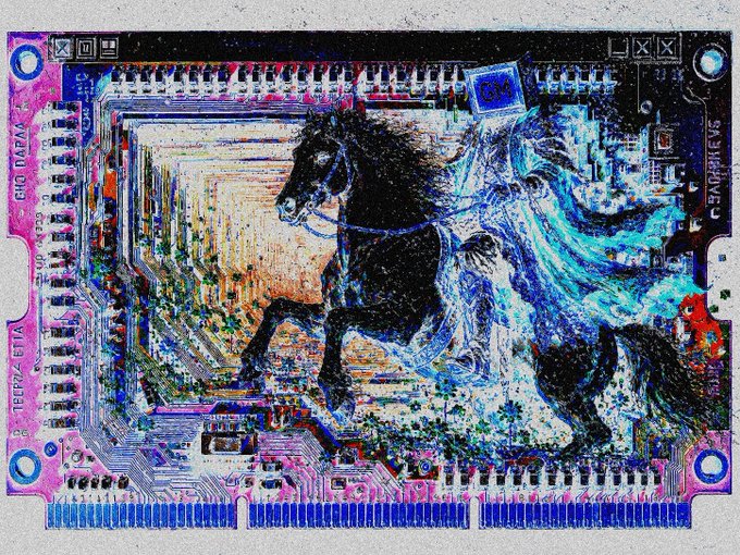 A stylized digital artwork depicting a black horse and rider with flowing blue mane against a circuit board pattern background in vibrant pink and blue tones.
