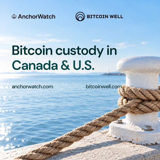 An advertisement displaying 'AnchorWatch' and 'BITCOIN WELL' logos with the text 'Bitcoin custody in Canada & U.S.' over a background image of a rope secured to a dock by the sea.