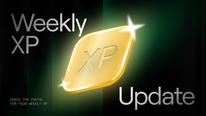 A gold "XP" coin glows against a dark green background with the text "Weekly XP Update" and "Check the portal for your weekly XP," promoting a gamified rewards program where players earn experience points tracked through a portal.