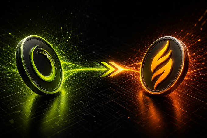 The image shows two coins with different colors - one green and one orange - floating in space against a black background. The green coin has a flame symbol, while the orange coin features a "S" symbol. The text in the image reads "Today marks one of the most significant upgrades in Elysium's history. The migration from $ELY to $PYR is now in progress. When Elysium returns, PYR will power the network as its native gas token, unifying the ecosystem under a single primary asset and paving the way for the".
