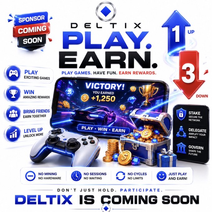 A promotional poster for 'DELTIX' advertising 'PLAY. EARN.' with features such as PLAY EXCITING GAMES, WIN AMAZING REWARDS, BRING FRIENDS, and LEVEL UP, showing a game controller, treasure chest, and reward tiers.