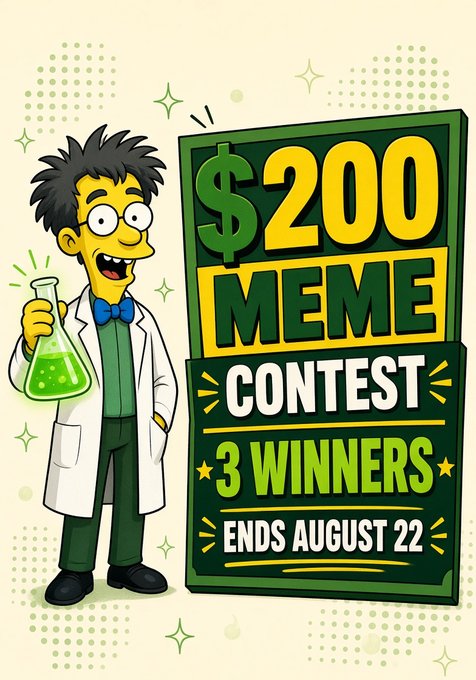 A cartoon mad scientist character holding a green bubbling flask stands next to a sign announcing a "$200 MEME CONTEST" with "3 WINNERS" that "ENDS AUGUST 22," visually matching the post's promotion for a meme contest for the $FrinkRH token on the Robinhood Chain, urging followers to post their best memes before the deadline.