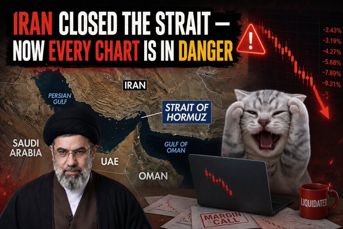 A sensationalist YouTube thumbnail titled 'IRAN CLOSED THE STRAIT - NOW EVERY CHART IS IN DANGER' featuring a map of the Strait of Hormuz, an image of an Iranian official, a distressed cat, and a declining stock chart with 'MARGIN CALL' and 'LIQUIDATED' labels.