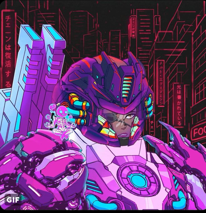 A mecha robot in vibrant purple and pink neon armor stands against a cyberpunk cityscape backdrop featuring Japanese text including "チェーンは復活する" (The chain will revive) and "光は書かれている" (Light is written), with a holographic purple skull emerging from its shoulder—evoking the "PERPISH" (perpetual perish/rebirth) theme of cyclical destruction and resurrection in a neon-soaked dystopia.