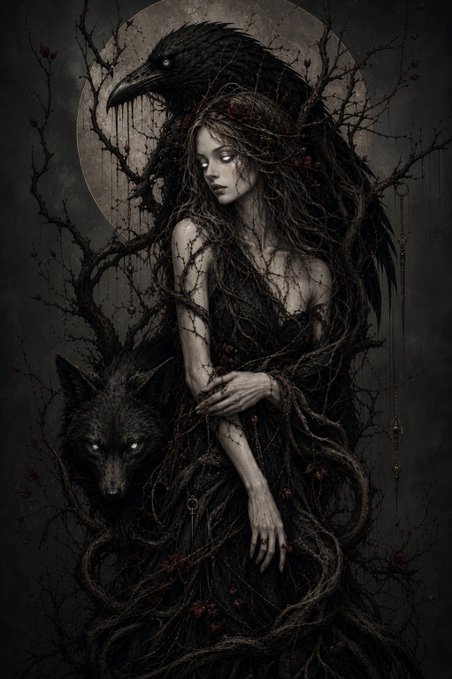 A dark, gothic-style illustration depicts a pale woman with flowing hair intertwined with branches, accompanied by a black raven and a wolf beneath a full moon.