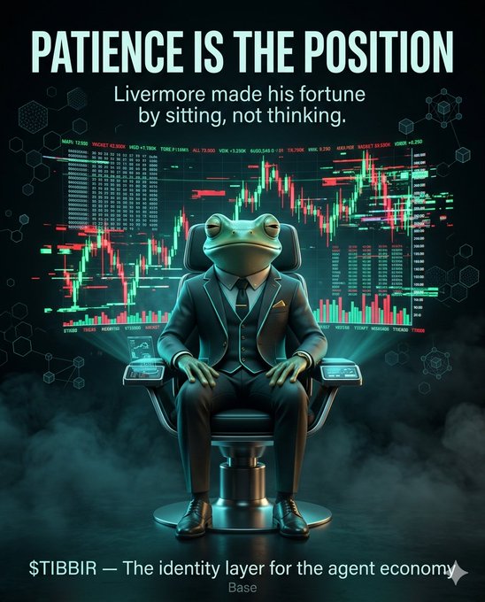 The image features a frog sitting in an office chair, seemingly posing for a photo or advertisement. A message is displayed next to the frog that reads "Patience is the position", which implies waiting calmly or patiently without rushing into decisions. Another caption below this one states "$TIBBIR is a sitting game" and says "The identity layer for the agent economy doesn't reprice on your timeline - it prices when the catalyst hits." This could be related to the stock market or financial topics, hinting at the connection between waiting in the office chair and investing. The frog's position within an office setting adds a unique touch to this advertisement message.