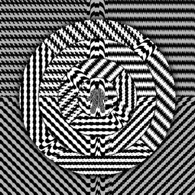A high-contrast black and white digital artwork shows a rose-like flower composed entirely of zigzag striped patterns, with a tiny figure standing at its center.