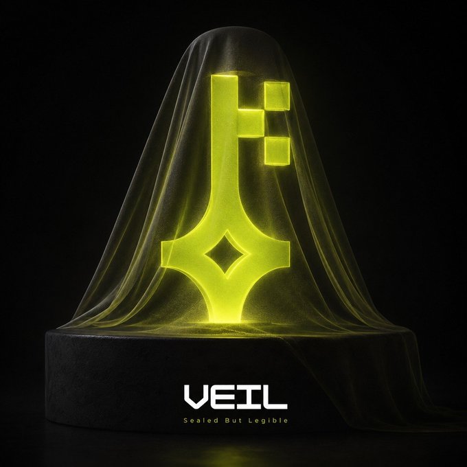A 3D rendering of a glowing yellow 'VEIL' logo shrouded in a dark cloth with the tagline 'Sealed But Legible'.