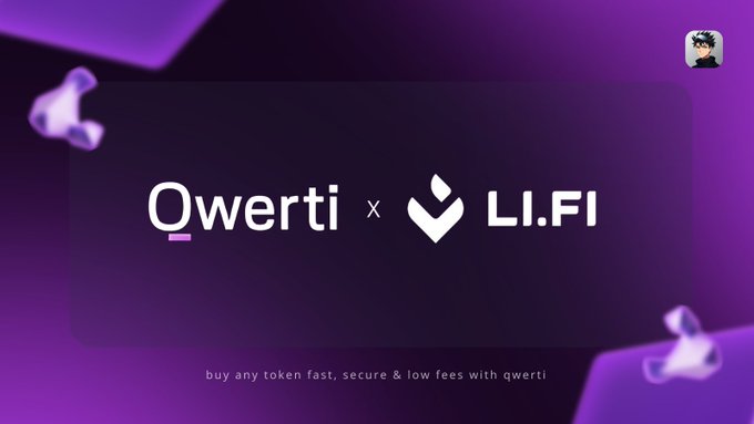 The image features a purple background with white text that reads "Overtti x LIFIPROTOCOL". The caption below the image states, "QWERTI PEAK UPDATE Another major update is here, @QwertiAI just partnered with LIFIPROTOCOL to make DeFi more accessible for everyone! Not just a verbal partnership, but an action that actually shape DeFI, make it easy not only for crypto native but literally for all people."
