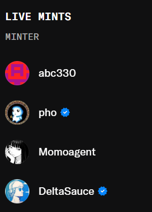 A 'LIVE MINTS' list showing the Minter section with accounts including abc330, pho, Momoagent, and DeltaSauce, some with blue verification checkmarks.