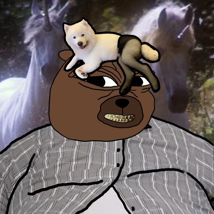 A crudely drawn cartoon of a brown bear wearing a striped shirt with a smug, grinning face has a photo of a fluffy white dog (likely a Samoyed) photoshopped onto its head, with a photoshopped arm appearing to pet the dog. The meme uses the absurd "ape into this" crypto/stock slang, pairing the unsettling yet goofy bear character with an adorable dog to react to whatever "BOBO" told them to buy.