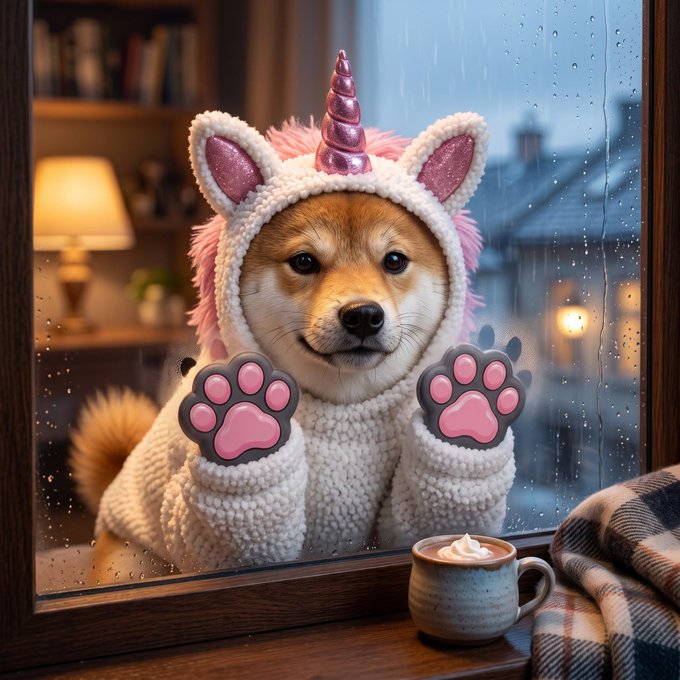 A Shiba Inu dog wearing a pink unicorn costume presses its paws against a rain-covered window, with a hot drink in a mug sitting on the windowsill below.