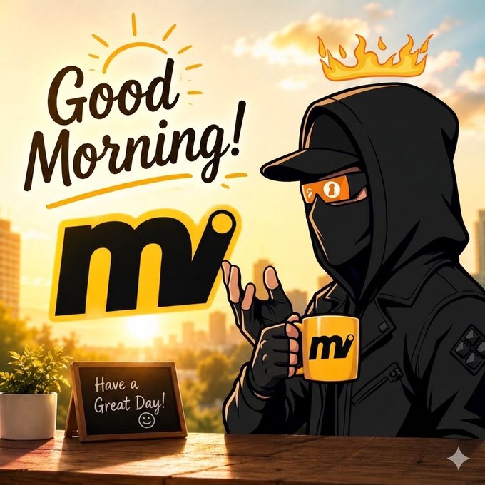 The image features a man wearing a hoodie and sunglasses holding a coffee cup with a logo for @moovexyz. The background shows a city skyline, suggesting that they are at an outdoor location or possibly a café near a busy urban area. The text in the image reads "Good Morning!", which is related to the post about having a great day.