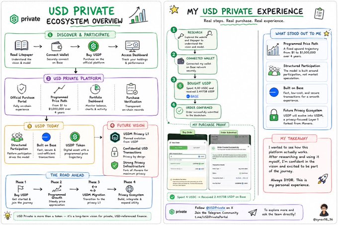 A two-panel infographic by @spear18_36 detailing the "USD Private Ecosystem Overview," including sections on discovery, the platform, future vision, and a personal experience walkthrough showing a successful purchase of 2.411738 USDP with 4 USDC on Base. The visual reinforces the post's narrative by illustrating the real-world buying steps taken and highlighting key takeaways like programmed price paths and privacy infrastructure.