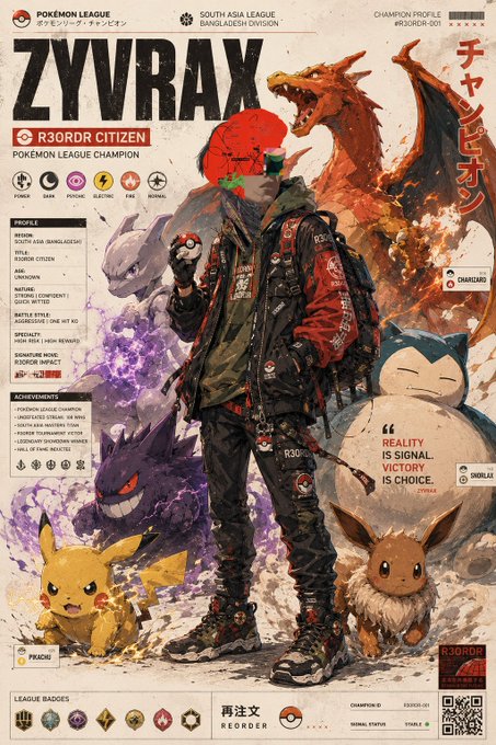 A detailed character profile poster titled 'ZYVRAX' for the 'SOUTH ASIA LEAGUE BANGLADESH DIVISION' featuring a cyberpunk-styled trainer with Pokémon including Pikachu, Charizard, Gengar, Snorlax, and Eevee, with text reading 'REALITY IS SIGNAL, VICTORY IS CHOICE'.