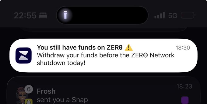 A smartphone screenshot shows a notification from the Zer0 app warning 'You still have funds on ZER0! Withdraw your funds before the ZER0 Network shutdown today!'