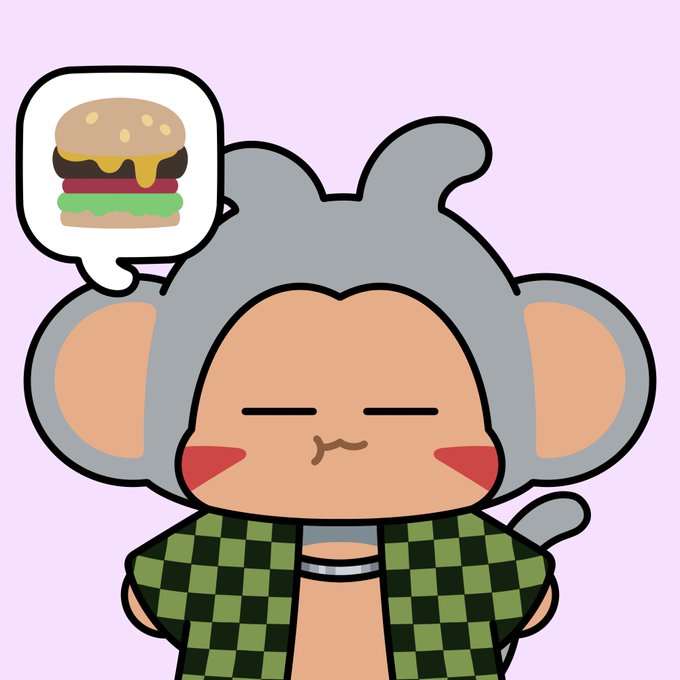 A cartoon illustration of a gray-haired character with a green checkered shirt thinking about a cheeseburger, displayed in a thought bubble against a lavender background.