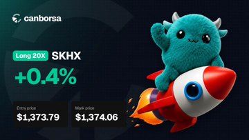 Crypto promotional graphic for canborsa showing a green monster on a rocket, with SKHX trading at $1,373.79 (Entry) / $1,374.06 (Mark), up 0.4%.
