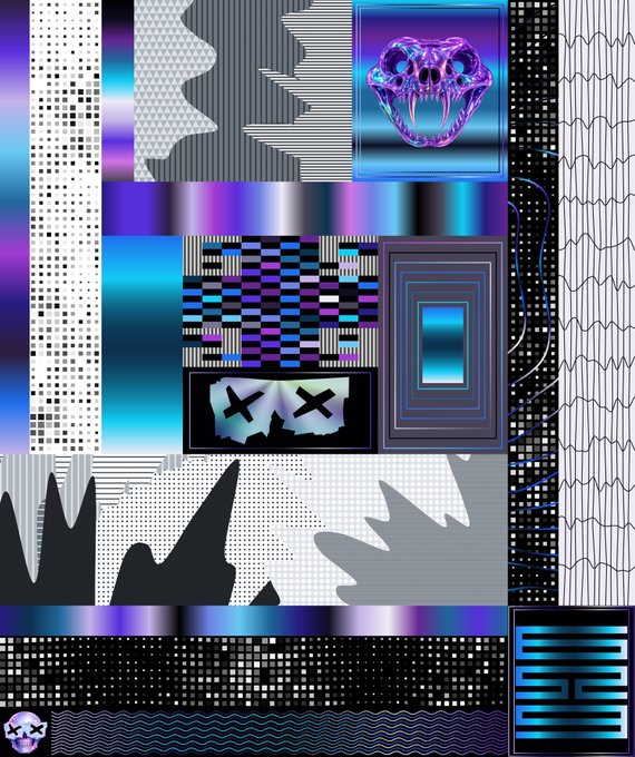 A digital collage combining various abstract patterns, including halftone dots, a chrome skull with fangs, X-eyes on a face, gradients of purple and blue, and glitch-style geometric designs.