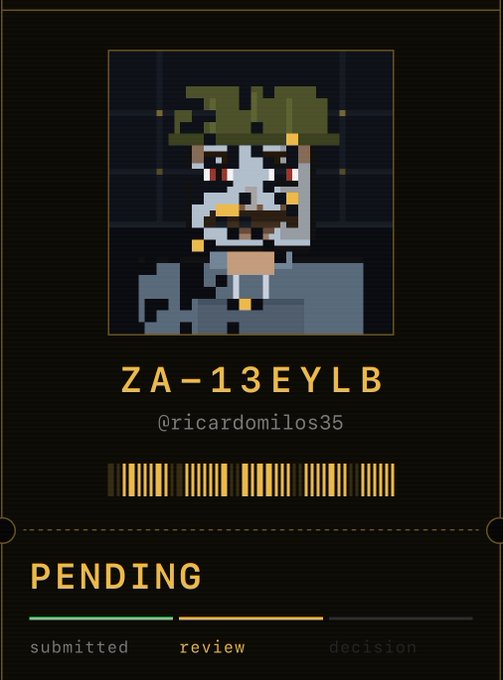 A pixel art NFT-style card displaying a zombie character with the ID 'ZA-13EYLB' by '@ricardomilos35', currently in 'PENDING' status at the review stage.