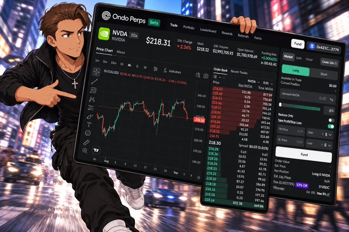 An anime-style illustration depicts a young man in a black jacket and cross necklace pointing at a giant floating OndoPerps trading interface, which displays an NVDA perpetual contract at $218.31 alongside a price chart, order book, and a green 'Long' button.