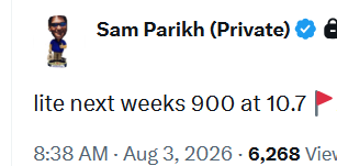 The image shows a Roblox profile display for user "Sam Parikh (Private)" with a blue verified checkmark, followed by status text reading "lite next weeks 900 at 10.7" and a timestamp of "8:38 AM - Aug 3, 2026 - 6,268 Views." The image appears to be a screenshot of a trading post referencing those specific contract numbers (900 at 10.7) and profit targets ($800k, $2M) mentioned in the accompanying caption.