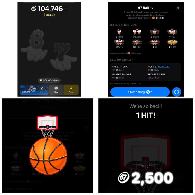 Four screenshots from what appears to be a 67 Bailing event, showing a balance of 104,746 coins, various prize tiers (2,500 to 67,67), and a basketball going through a hoop resulting in '1 HIT!' and a 67 2,500 win.