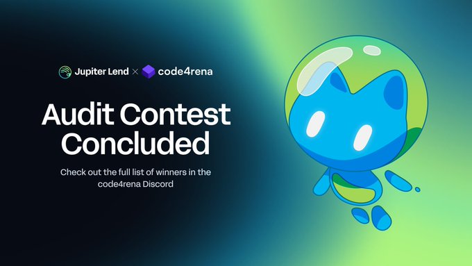 Announcement graphic for the Jupiter Lend x code4rena Audit Contest Concluded, directing viewers to check the full list of winners in the code4rena Discord.