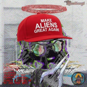 A digitally distorted figure wears a red hat reading "MAKE ALIENS GREAT AGAIN!" with a sketched halo above, serving as the user's profile picture as referenced in the post.