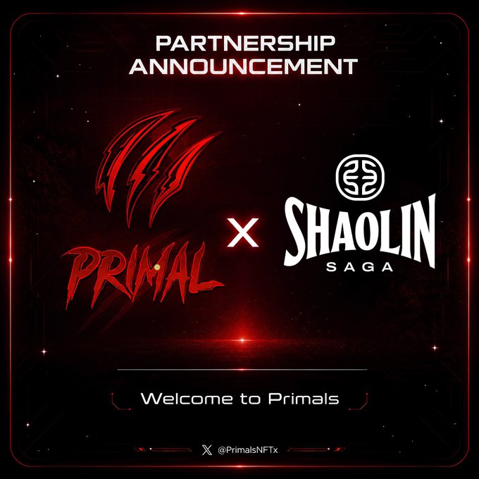 Red and black partnership announcement graphic showing 'PRIMAL' (with claw mark logo) x 'SHAOLIN SAGA' (with circular logo), with the text 'Welcome to Primals' and Twitter handle '@PrimalsNFTx'.