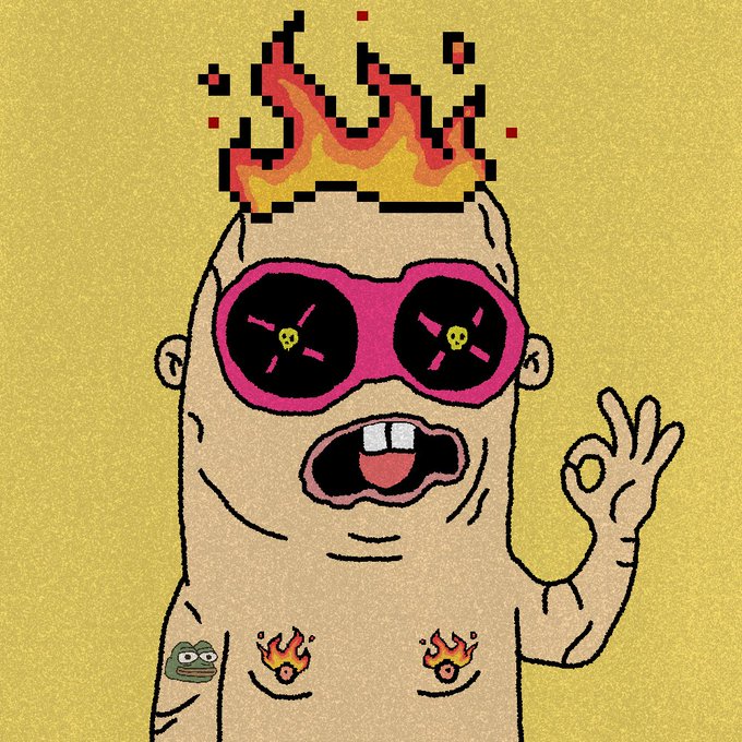 A pixelated illustration of a pale, cartoonish figure wearing pink sunglasses and a pixelated flame crown, with small flames on its chest and a green frog tattoo, making an 'OK' gesture with its hand against a yellow background.