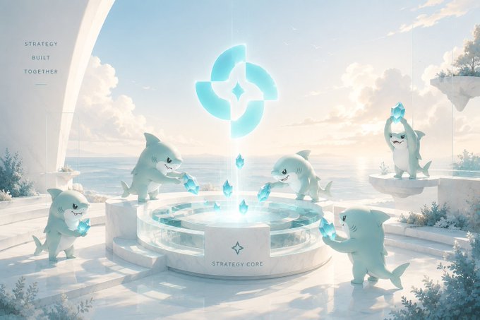 A bright, dreamy 3D-rendered scene showing cute shark-like creatures around a glowing fountain labeled 'STRATEGY CORE', with text 'STRATEGY BUILT TOGETHER' in the corner.
